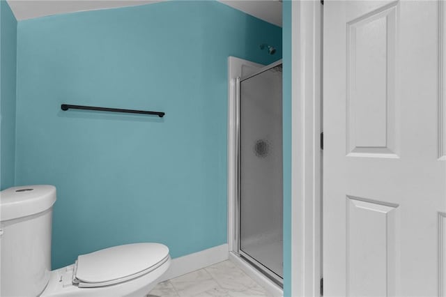 81 Old N Rd, South Kingstown, RI 02881 - bathroom featuring toilet, a shower stall, marble finish floors, and baseboards