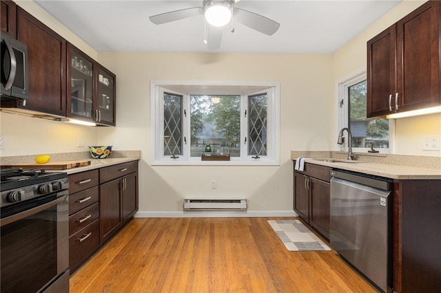 14 Twin Oak Dr, Warwick, RI 02889 - kitchen with appliances with stainless steel finishes, baseboard heating, light wood-style flooring, and dark brown cabinets