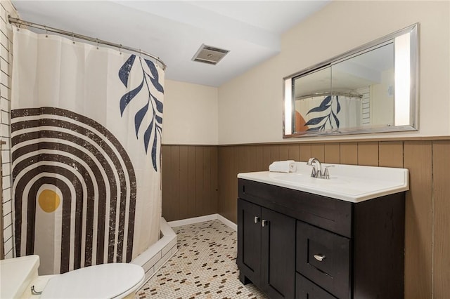 14 Twin Oak Dr, Warwick, RI 02889 - full bathroom featuring vanity, wainscoting, wood walls, and a shower with shower curtain