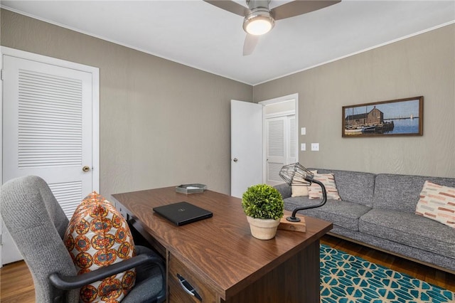 14 Twin Oak Dr, Warwick, RI 02889 - office area featuring wood finished floors, a ceiling fan, and crown molding