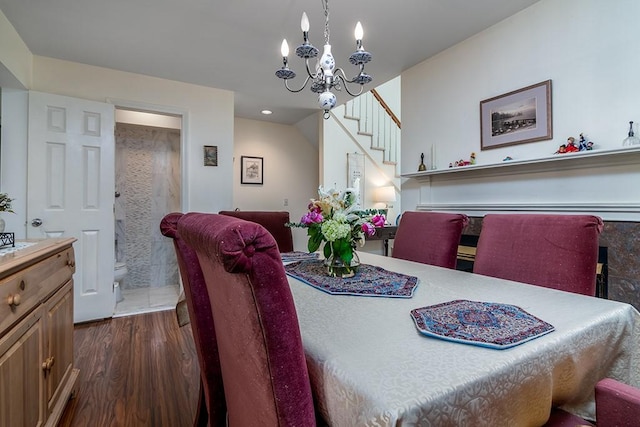 223 Corey Ln, Middletown, RI 02842 - dining room with stairway, a chandelier, dark wood-style floors, and recessed lighting