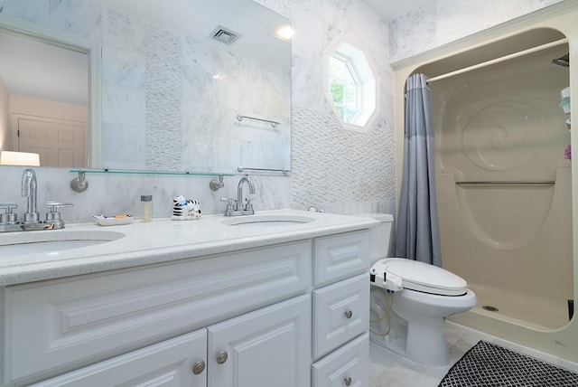 223 Corey Ln, Middletown, RI 02842 - full bath with double vanity, a shower with curtain, tile patterned flooring, and tile walls