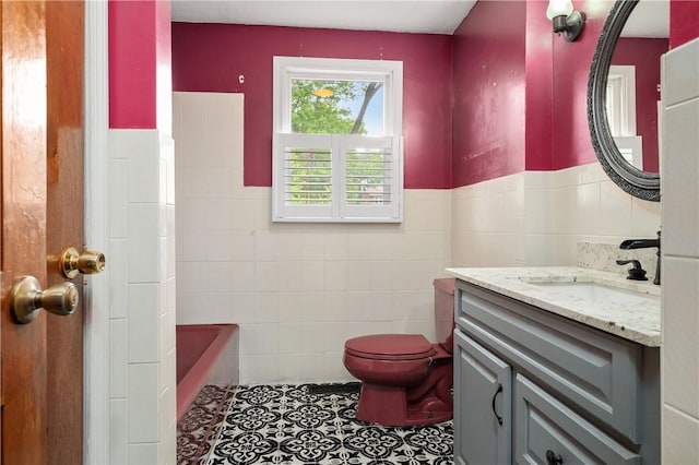21 Diana Ave, Smithfield, RI 02917 - bathroom featuring tile walls, vanity, a bath, wainscoting, and tile patterned floors