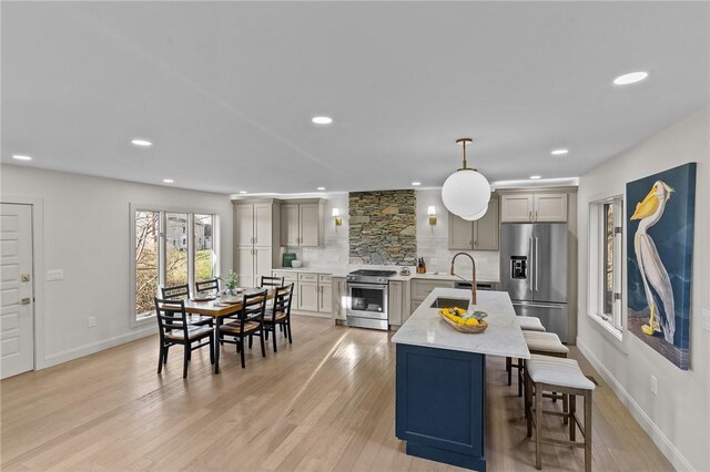 8 J H Dwyer Dr, Middletown, RI 02842 - kitchen with appliances with stainless steel finishes, a kitchen bar, light wood finished floors, decorative backsplash, and a sink