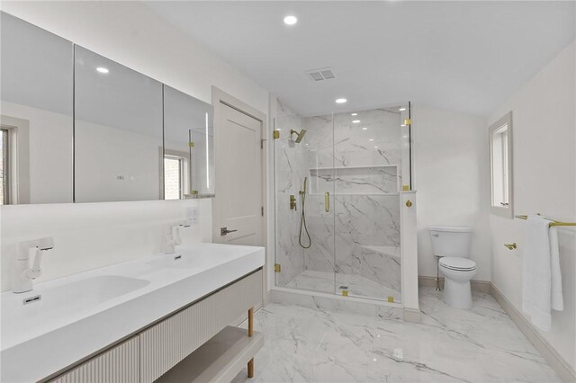 8 J H Dwyer Dr, Middletown, RI 02842 - bathroom featuring toilet, a marble finish shower, marble finish flooring, recessed lighting, and baseboards