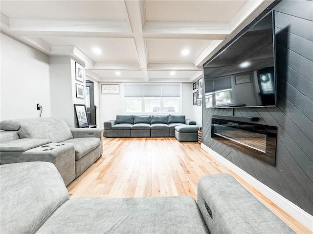 1 Sharp St, Coventry, RI 02816 - living room featuring wood finished floors, coffered ceiling, recessed lighting, beamed ceiling, and ornamental molding