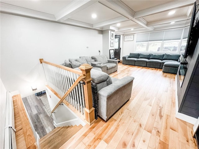 1 Sharp St, Coventry, RI 02816 - living area featuring beamed ceiling, hardwood / wood-style flooring, coffered ceiling, and recessed lighting