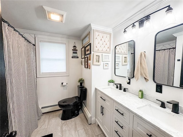 1 Sharp St, Coventry, RI 02816 - bathroom featuring double vanity, a baseboard radiator, ornamental molding, curtained shower, and marble look tiles