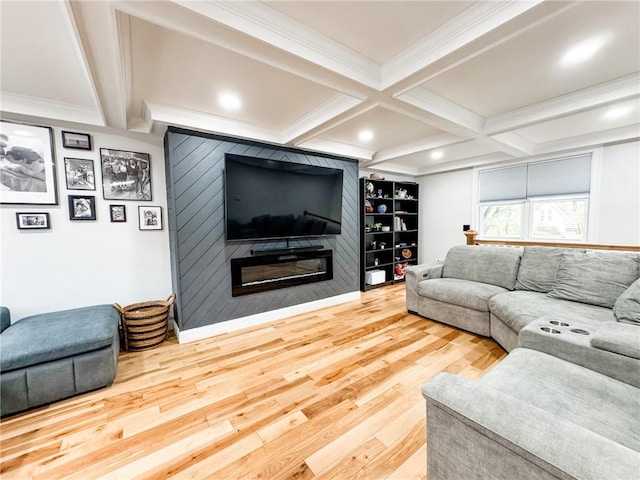 1 Sharp St, Coventry, RI 02816 - living room with wood finished floors, coffered ceiling, ornamental molding, beamed ceiling, and a fireplace
