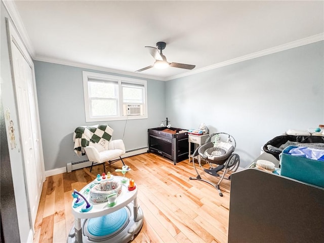 1 Sharp St, Coventry, RI 02816 - living area with crown molding, hardwood / wood-style floors, a ceiling fan, a baseboard heating unit, and cooling unit