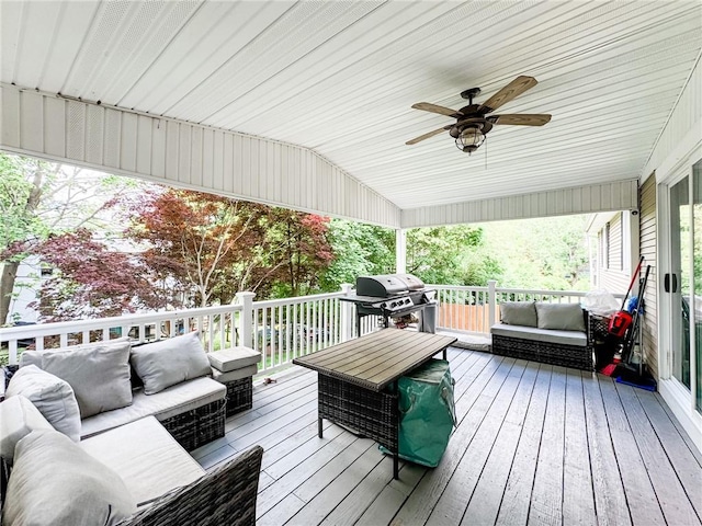 1 Sharp St, Coventry, RI 02816 - wooden deck featuring an outdoor hangout area, ceiling fan, and grilling area