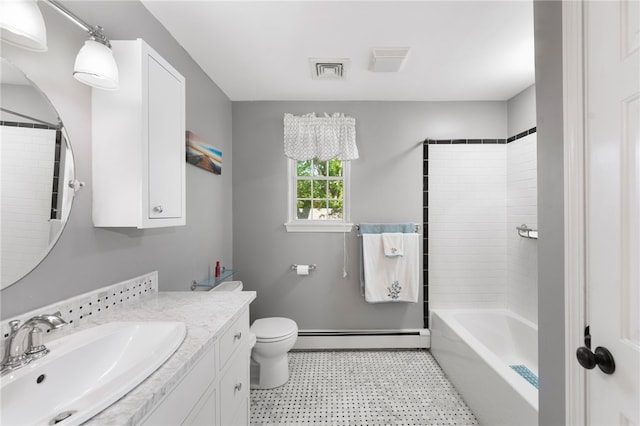 99 Post Rd Unit F1, Warwick, RI 02888 - bathroom with baseboard heating, vanity, tile patterned floors, toilet, and shower / bath combination