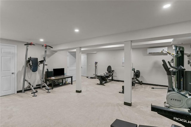 25 Ironwood Dr, Coventry, RI 02816 - workout area featuring a wall mounted air conditioner, recessed lighting, carpet, and baseboards