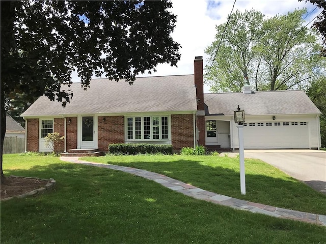 33 Red Gate Rd, Cumberland, RI 02864 - ranch-style home with a garage, a front lawn, driveway, a chimney, and brick siding