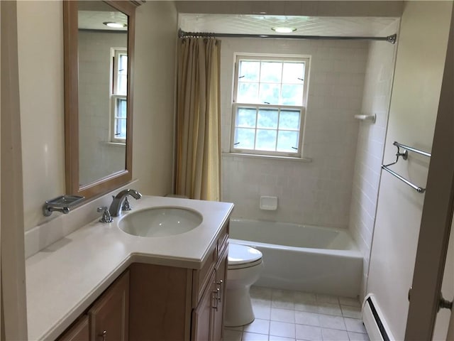 33 Red Gate Rd, Cumberland, RI 02864 - full bathroom featuring vanity, toilet, tile patterned floors, shower / bath combination with curtain, and baseboard heating