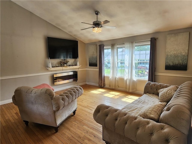 49 Wine St, Cranston, RI 02920 - living room with a ceiling fan, lofted ceiling, hardwood / wood-style floors, and baseboards