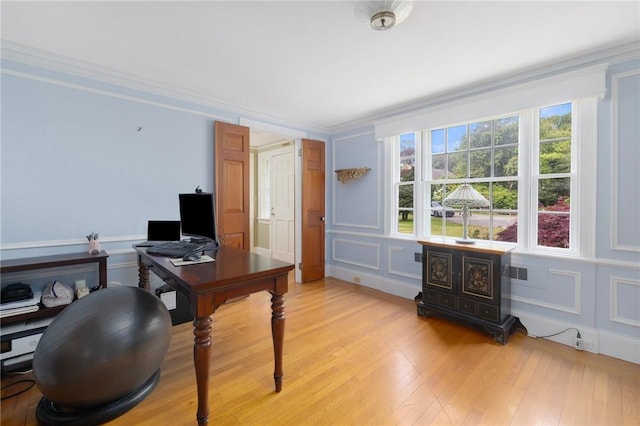 2 Carvin Ct, Warwick, RI 02886 - office area with a decorative wall, light wood-style floors, and ornamental molding