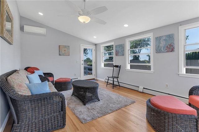 37 Seabreeze Ter, South Kingstown, RI 02879 - sitting room with a wall mounted air conditioner, lofted ceiling, wood finished floors, ceiling fan, and recessed lighting