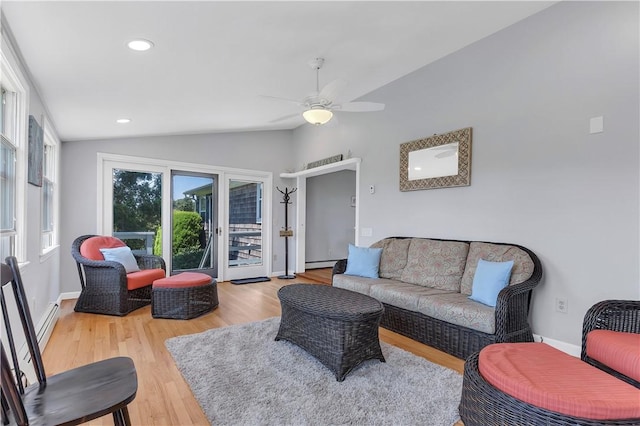 37 Seabreeze Ter, South Kingstown, RI 02879 - living area featuring vaulted ceiling, wood finished floors, a ceiling fan, recessed lighting, and baseboards