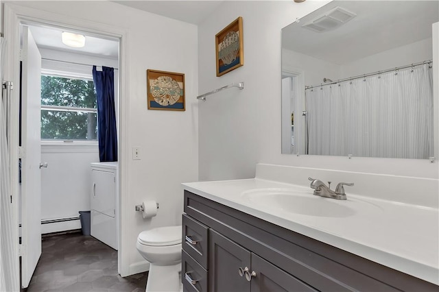 37 Seabreeze Ter, South Kingstown, RI 02879 - full bath featuring a baseboard heating unit, vanity, toilet, and washer / clothes dryer
