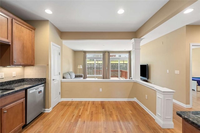 156 Hampton Way S, Kingstown, RI 02879 - kitchen featuring dishwasher, light wood-style floors, brown cabinetry, open floor plan, and recessed lighting