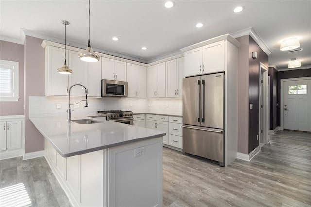 23 Middleberry Ln, East Greenwich, RI 02818 - kitchen featuring high end appliances, ornamental molding, a peninsula, light wood-type flooring, and tasteful backsplash