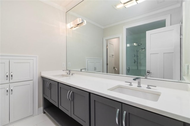 23 Middleberry Ln, East Greenwich, RI 02818 - full bathroom featuring a shower with shower door, double vanity, ornamental molding, and tile patterned flooring