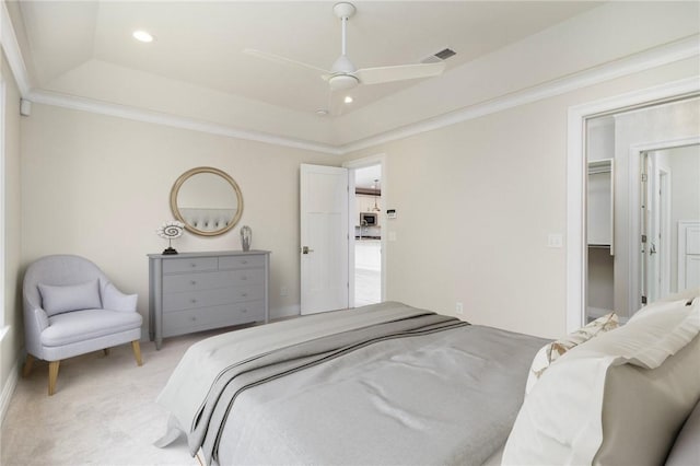 23 Middleberry Ln, East Greenwich, RI 02818 - bedroom featuring a raised ceiling, light carpet, a ceiling fan, recessed lighting, and crown molding