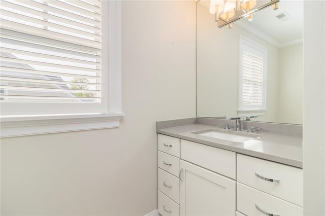 23 Middleberry Ln, East Greenwich, RI 02818 - bathroom featuring vanity, a chandelier, and crown molding