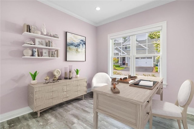 23 Middleberry Ln, East Greenwich, RI 02818 - office area featuring light wood-style floors, ornamental molding, and recessed lighting