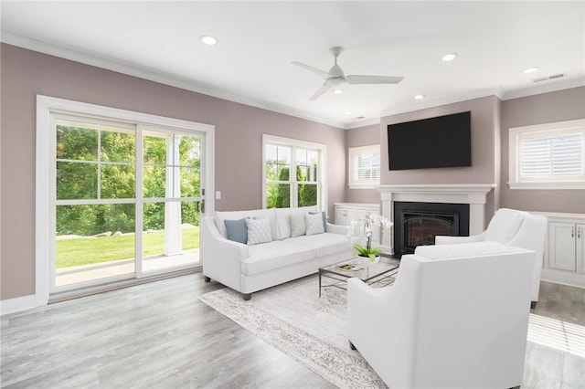 23 Middleberry Ln, East Greenwich, RI 02818 - living area with ornamental molding, a ceiling fan, a glass covered fireplace, wood finished floors, and recessed lighting