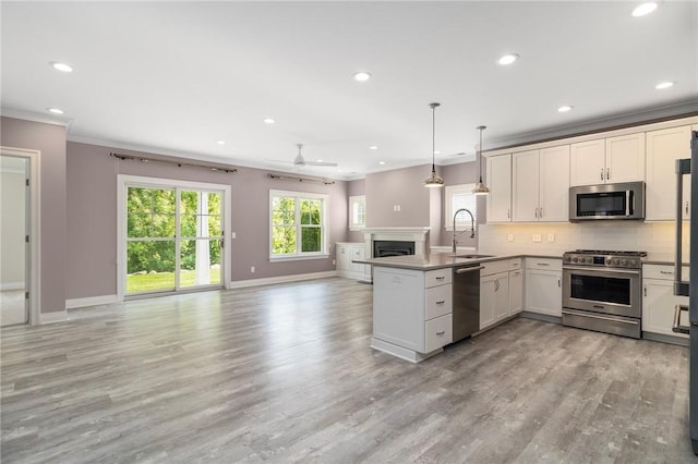 23 Middleberry Ln, East Greenwich, RI 02818 - kitchen featuring appliances with stainless steel finishes, open floor plan, a peninsula, crown molding, and a ceiling fan