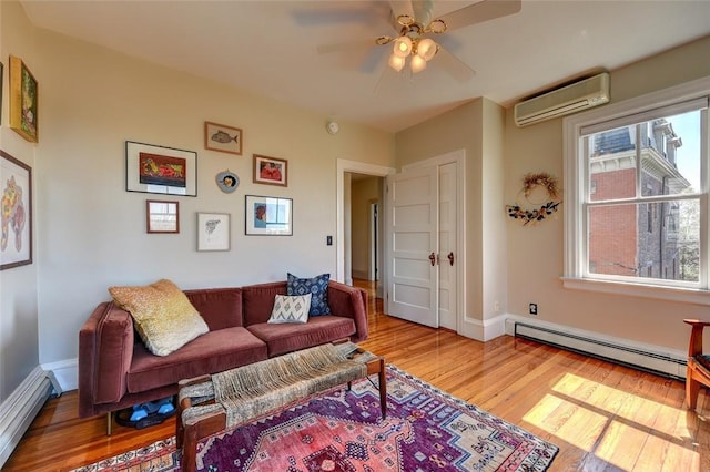 384 Benefit St Unit 2, Providence, RI 02903 - living area with a baseboard radiator, a wall mounted air conditioner, baseboard heating, wood finished floors, and plenty of natural light