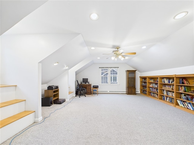 64 E Park Ln, South Kingstown, RI 02879 - additional living space with carpet, lofted ceiling, recessed lighting, a desk, and a ceiling fan
