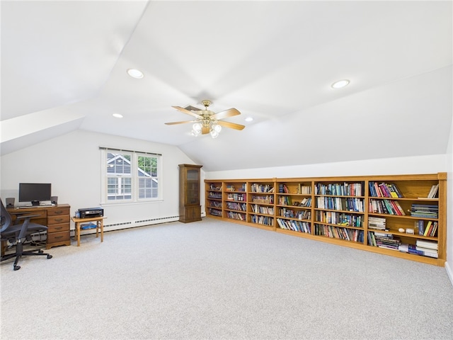 64 E Park Ln, South Kingstown, RI 02879 - carpeted office space with lofted ceiling, a ceiling fan, a baseboard heating unit, and recessed lighting