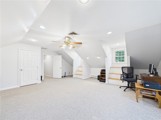 64 E Park Ln, South Kingstown, RI 02879 - carpeted home office with lofted ceiling, baseboard heating, recessed lighting, and ceiling fan
