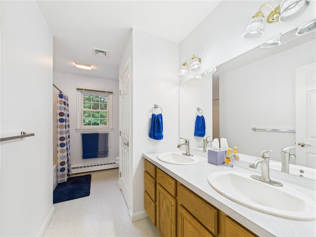 64 E Park Ln, South Kingstown, RI 02879 - full bath with baseboard heating, double vanity, and a shower with shower curtain
