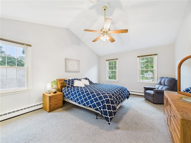 64 E Park Ln, South Kingstown, RI 02879 - carpeted bedroom with lofted ceiling, a baseboard radiator, and a ceiling fan