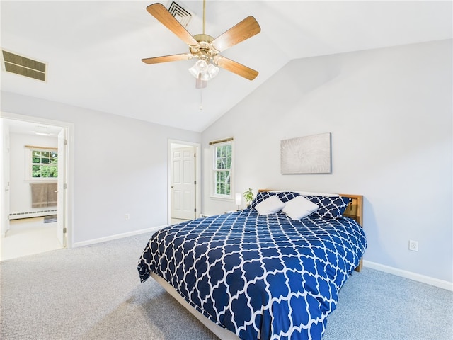 64 E Park Ln, South Kingstown, RI 02879 - bedroom with baseboard heating, carpet floors, vaulted ceiling, a ceiling fan, and connected bathroom