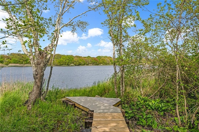 22 Pond View Dr, Little Compton, RI 02837 - dock area featuring a water view and a view of trees