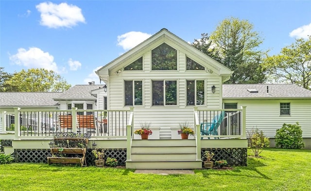 22 Pond View Dr, Little Compton, RI 02837 - back of house featuring a deck, a yard, and a shingled roof