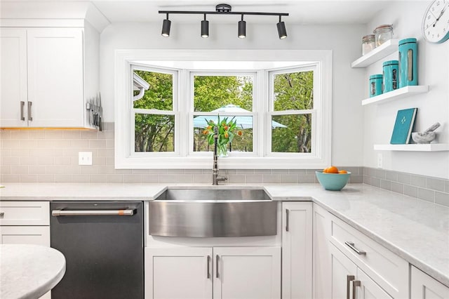 22 Pond View Dr, Little Compton, RI 02837 - kitchen with dishwasher, a sink, open shelves, and decorative backsplash