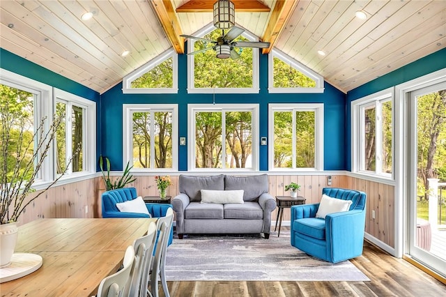 22 Pond View Dr, Little Compton, RI 02837 - sunroom / solarium featuring a deck, a wainscoted wall, healthy amount of natural light, wood finished floors, and wood walls