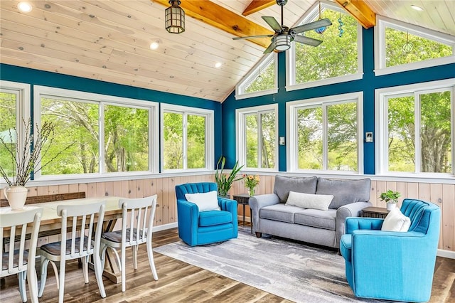 22 Pond View Dr, Little Compton, RI 02837 - sunroom / solarium with a wooden deck, wood finished floors, wooden ceiling with exposed beams, recessed lighting, and high vaulted ceiling