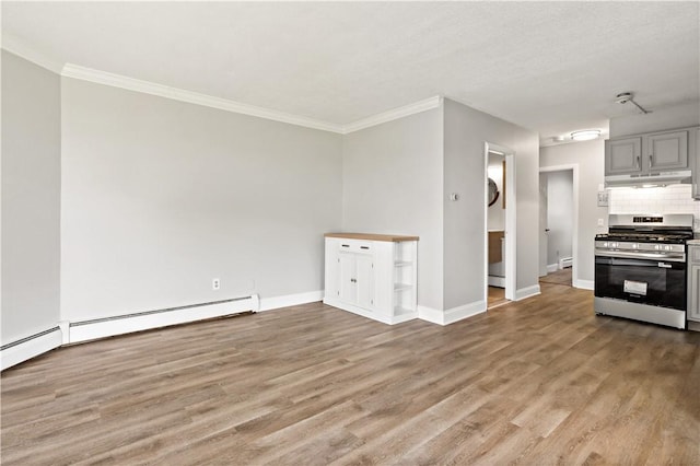 3940 Post Rd Unit 38, Warwick, RI 02886 - kitchen featuring stainless steel range with gas stovetop, under cabinet range hood, light wood-style floors, decorative backsplash, and ornamental molding