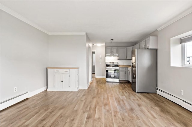 3940 Post Rd Unit 38, Warwick, RI 02886 - kitchen featuring stainless steel appliances, gray cabinets, baseboard heating, light wood-style flooring, and ornamental molding