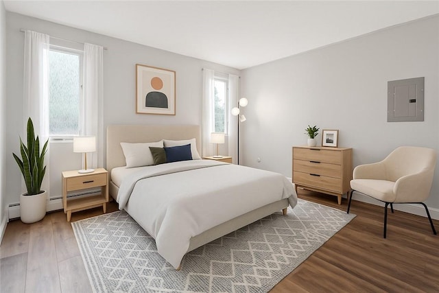 3940 Post Rd Unit 38, Warwick, RI 02886 - bedroom featuring electric panel, wood finished floors, a baseboard radiator, and baseboards
