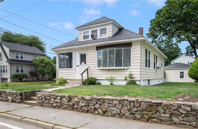 66 Dean Ave, Smithfield, RI 02917 - view of front of property featuring entry steps, a front lawn, a chimney, and roof with shingles