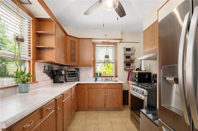 66 Dean Ave, Smithfield, RI 02917 - kitchen featuring appliances with stainless steel finishes, light countertops, ceiling fan, open shelves, and under cabinet range hood