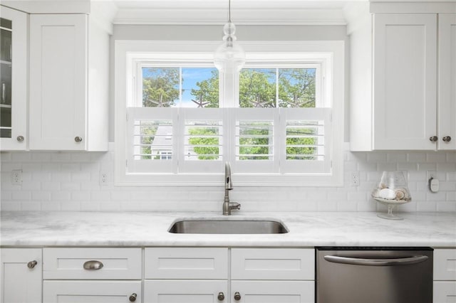 36 Wanda St, Narragansett, RI 02882 - kitchen featuring stainless steel dishwasher, a sink, crown molding, white cabinets, and glass insert cabinets